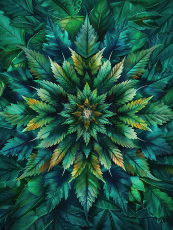 Intricate cannabis leaves form mesmerizing mandalas, showcasing the beauty of nature and the plant&#39;s artistic potential Stunning visuals capture the intricate details of marijuana in circular designs, perfect for high art and unique designs Nature-inspired mandalas bring a captivating twist to traditional art forms AI Generativeの素材