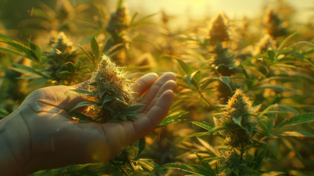 A close-up shot of a hand holding a mature cannabis bud, showcasing its glistening trichomes The photo captures the intricate details of a meticulously cultivated marijuana plant, perfect for enthusiasts of both medical and recreational use AI Generativeの素材