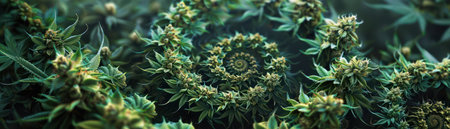 A mesmerizing spiral of cannabis buds, meticulously arranged in a captivating display The vibrant green hues and intricate details of the marijuana flowers are showcased in a unique, artistic composition This close-up photograph captures the beauty and complexity of cannabis in a captivating and visually stunning presentation AI Generativeの素材