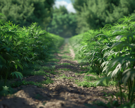 A vast field of thriving cannabis plants basks in the sun, showcasing rows of verdant growth  Optimal cultivation techniques, including open-air exposure and meticulous care, contribute to the high-quality yield of this outdoor marijuana farm AI Generativeの素材