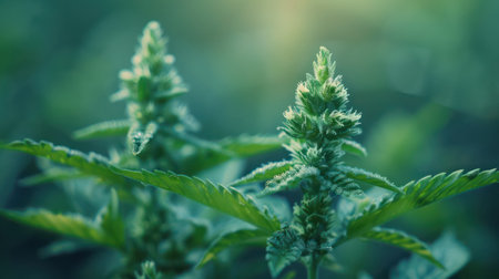 A mesmerizing close-up of a cannabis plant&#39;s flowering top, revealing intricate details of its bud and leaves The high-resolution image captures the marijuana bloom&#39;s stunning beauty, showcasing the complex structure and vibrant colors of this botanical wonder Perfect for scientific, medical, or artistic purposes AI Generativeの素材