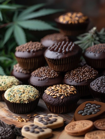A rustic wooden board displays an assortment of high-resolution cannabis edibles, showcasing the diverse culinary applications of marijuana From colorful gummies to decadent chocolate bars, this image captures the enticing variety of cannabis-infused treats available today AI Generativeの素材