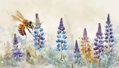 A vibrant watercolor painting captures a bee&#39;s joyous exploration amidst a field of lupines Lush, colorful blossoms burst with life, their hues mirrored in the bee&#39;s wings  High resolution details and lively brushstrokes create a captivating scene that will enchant your senses AI Generativeの素材