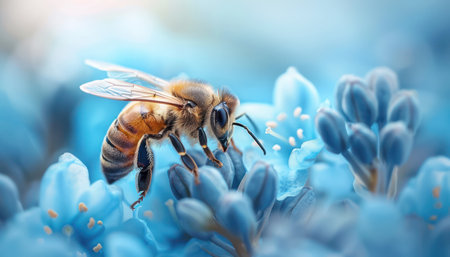A delicate watercolor illustration captures the serene beauty of a bee nestled amidst a cluster of graceful bluebells The intricate details of the bee&#39;s wings and the soft hues of the blossoms create a harmonious and enchanting scene This artwork evokes a sense of tranquility and the delicate balance of nature AI Generativeの素材