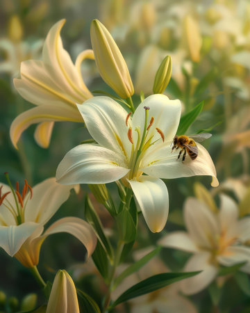 A captivating watercolor painting depicts a graceful bee nestled amidst a vibrant lily garden Exquisite detail and brilliant hues bring the scene to life The delicate blooms and the bee&#39;s intricate patterns are rendered with masterful precision This high-resolution artwork is a stunning celebration of nature&#39;s beauty AI Generativeの素材