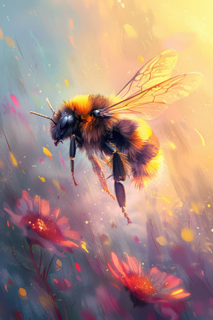 This whimsical watercolor painting captures a bee in flight against a pastel sky, creating an airy and whimsical scene Perfect for gardens, nurseries, and nature lovers, this beautiful art study adds a touch of whimsy to modern spaces The delicate brushstrokes and vibrant colors evoke a sense of joy and wonder AI Generativeの素材