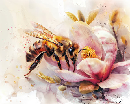 This exquisite watercolor illustration captures a delicate bee perched on a magnolia bloom The intricate details and vibrant colors create a captivating piece of art Perfect for nature lovers and art enthusiasts, this high-resolution image adds a touch of elegance and beauty to any space AI Generativeの素材