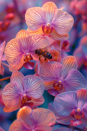 A vibrant bee dances amidst a captivating symphony of blooming orchids in this detailed watercolor painting Lush colors and delicate brushstrokes capture the beauty of nature, making this piece perfect for adding a touch of exotic elegance to any home, office, or as a thoughtful gift AI Generativeの素材