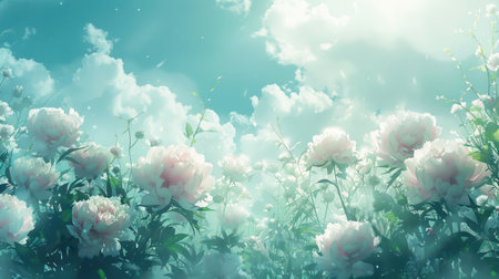 This watercolor art piece transports you to a lush garden bursting with vibrant peonies in full bloom  Gentle pastel hues evoke a romantic and dreamy atmosphere, capturing the elegance and beauty of nature Perfect for adding a touch of sophistication and tranquility to any home decor AI Generativeの素材