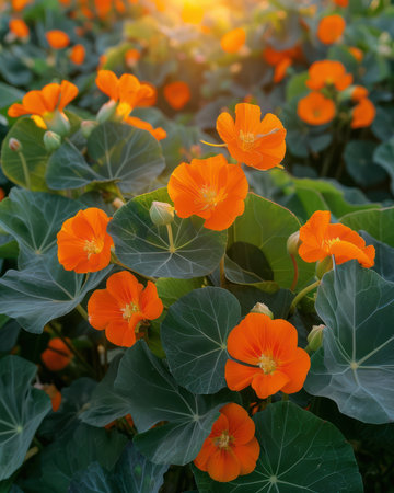 Capture the beauty of a sunrise-kissed garden with this vibrant watercolor painting of nasturtiums  The bright, cheerful blossoms burst with color, making this artwork perfect for adding a touch of nature&#39;s beauty to your home decor  A captivating piece for art enthusiasts and nature lovers alike AI Generativeの素材