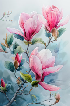 This exquisite watercolor illustration captures the beauty of a magnolia branch in bloom Delicate petals and lush foliage are rendered with masterful detail, creating a timeless and elegant piece Perfect for modern decor, greeting cards, and artistic inspiration, this artwork exudes sophistication and natural charm AI Generativeの素材