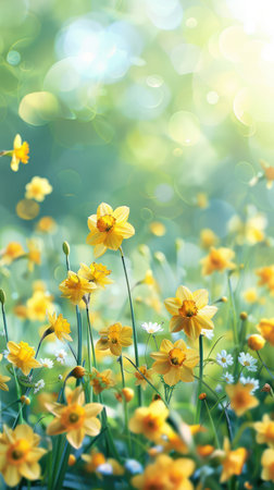 A vibrant watercolor painting captures the essence of spring with a field of cheerful daffodils  The bright yellow blooms burst with life, symbolizing renewal and beauty This artwork is perfect for home decor, art lovers, and nature enthusiasts, bringing a touch of springtime joy to any space AI Generativeの素材