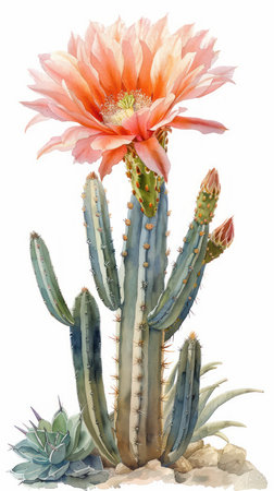 A captivating watercolor illustration of a majestic cactus adorned with a vibrant, blooming flower The intricate details and delicate washes create a stunning botanical masterpiece against a pristine white background Perfect for adding a touch of nature&#39;s beauty to your collection or home decor AI Generativeの素材