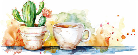 A charming watercolor illustration of a cute cactus nestled in a teacup  This adorable botanical design is perfect for home decor, art prints, and gifts  The white background allows the cactus to stand out and bring a touch of whimsy to any space AI Generativeの素材
