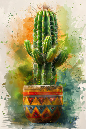 This captivating watercolor artwork features an adorable cactus in a vibrant patterned pot, set against a pristine white background  The charming composition is perfect for home decor, adding a touch of natural beauty and artistic inspiration to any space AI Generativeの素材