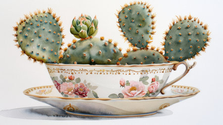 This watercolor painting features a charming, cute cactus nestled in a delicate teacup, set against a pristine white background Hand-painted with meticulous detail, this elegant botanical artwork is perfect for plant lovers and art enthusiasts alike Its whimsical charm adds a touch of nature&#39;s beauty to any home decor AI Generativeの素材