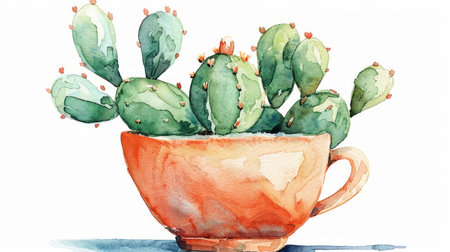 This charming watercolor print features a cute cactus nestled in a teacup, a whimsical touch for your home decor The delicate details and vibrant colors make it a perfect choice for art lovers and anyone who enjoys a touch of nature indoors AI Generativeの素材