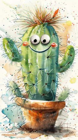 This whimsical watercolor art print features a happy cactus with big, expressive eyes, perfect for adding a touch of fun to your home decor Ideal for kids&#39; rooms, minimalist nurseries, or any space needing a lively touch The original painting on a white background makes it a beautiful and unique gift AI Generativeの素材