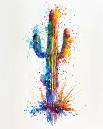 A minimalist, yet captivating design featuring a bold black cactus silhouette against a crisp white background Vibrant watercolor splashes in a spectrum of colors explode around the cactus, adding a touch of whimsy and energy Perfect for modern decor, digital illustrations, and creative inspiration AI Generativeの素材