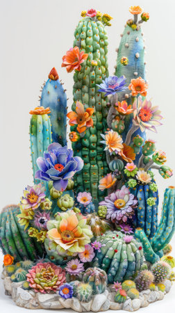 This vibrant watercolor illustration captures the beauty of a diverse cactus arrangement adorned with delicate flowers The white background accentuates the rich colors and intricate details of the desert plants Perfect for nature lovers, art enthusiasts, and anyone seeking home decor inspiration, this captivating artwork evokes the tranquility and vibrant life of the desert AI Generativeの素材