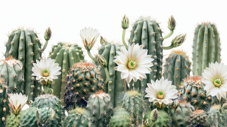 Discover captivating high-resolution images of blooming cacti adorned with exquisite white flowers, set against breathtaking desert landscapes Perfect for desktop wallpapers, nature prints, and botanical inspiration, these royalty-free images are ready for download and use AI Generativeの素材