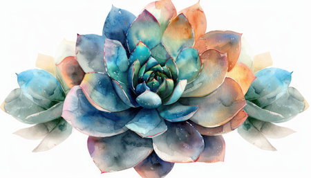 This exquisite watercolor illustration captures the beauty of an Echeveria succulent, its vibrant colors and delicate details showcased against a crisp white background  The plant&#39;s colorful edges add a touch of whimsy, making it perfect for home decor, greeting cards, and more  This high-quality digital print is a versatile piece of botanical art that will brighten any space AI Generativeの素材