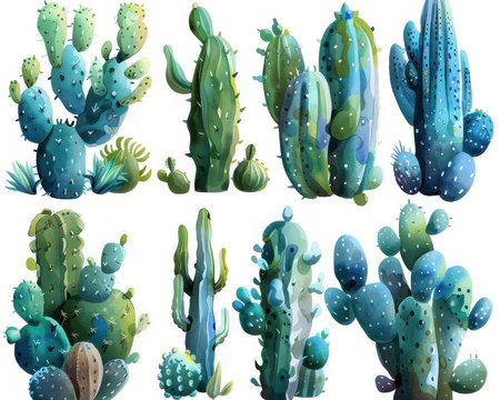 A captivating collection of succulents and cacti in vibrant green and blue hues These unique plants are perfect for home decor, gardens, and botany enthusiasts  Their striking textures and forms create a beautiful, natural display for any space AI Generativeの素材