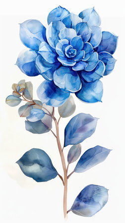 This elegant watercolor print features a serene Echeveria succulent with vibrant blue-green leaves against a crisp white background A minimalist botanical design perfect for modern home decor or a nature-inspired gift, bringing a touch of tranquility to any space AI Generativeの素材