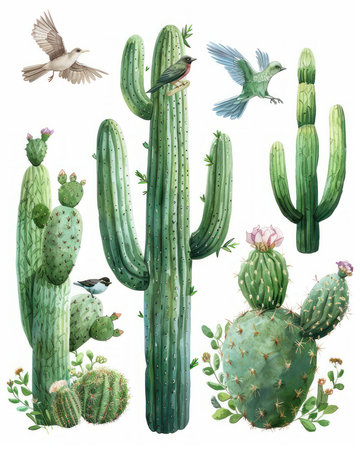 Embrace the serene beauty of the desert with this minimalist watercolor art print A towering Saguaro cactus, adorned with delicate birds, evokes a sense of tranquility Hand-painted succulents and wildlife create a calming aesthetic, perfect for nature lovers seeking a peaceful home decor piece AI Generativeの素材