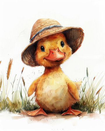 A charming watercolor illustration of a duckling wearing a tiny hat This whimsical and sweet image is perfect for adding a touch of cuteness to kids&#39; rooms, nursery decor, and art prints The duckling&#39;s cheerful expression and bright colors create a delightful and playful atmosphere AI Generativeの素材