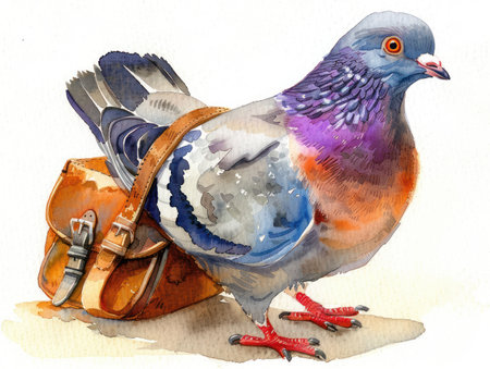 This charming watercolor illustration features a cute cartoon pigeon carrying a messenger bag The adorable bird&#39;s bright colors and playful pose make it perfect for children&#39;s wall decor, stationery, or any art lover&#39;s collection The white background allows the pigeon to stand out, creating a cheerful and whimsical design AI Generativeの素材