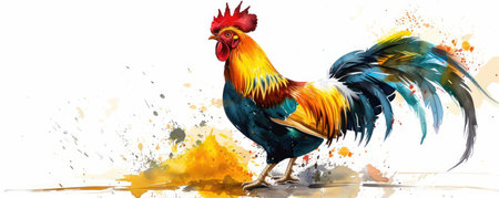 This whimsical watercolor illustration features a charming rooster wearing a jaunty hat, his bright eyes twinkling with mischief  His quirky personality shines through in this adorable artwork, perfect for adding a touch of playful farm charm to kids&#39; rooms, greeting cards, or digital downloads AI Generativeの素材