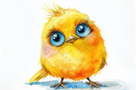 This adorable watercolor illustration features a charming cartoon chick with big, expressive eyes Perfect for nursery decor, children&#39;s books, or simply adding a touch of whimsy to your home, this playful chick painting captures the joy and innocence of baby birds in a sweet and colorful design AI Generativeの素材