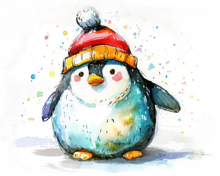 This charming watercolor painting features a delightful cartoon penguin sporting a tiny hat, set against a whimsical white background  Perfect for nursery decor or a child&#39;s room, this hand-painted wall art adds a touch of playful charm to any space AI Generativeの素材