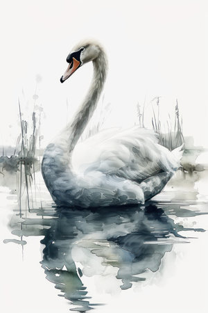 This exquisite watercolor painting showcases a serene swan with delicate details, capturing its graceful beauty Rendered on a pristine white background, the artwork exudes elegance and tranquility Perfect for home decor, galleries, or artistic collections, this piece invites a touch of sophistication and natural charm to any space AI Generativeの素材