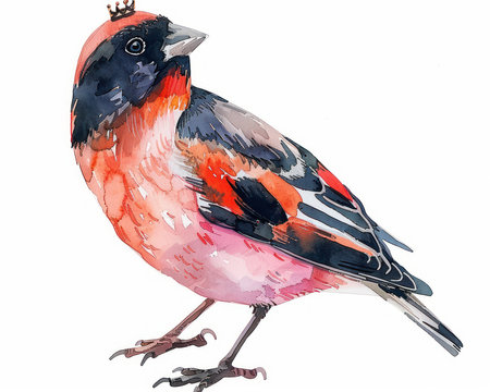 A charming cartoon finch with a tiny crown perches against a white backdrop in this delightful watercolor illustration  This adorable and unique bird design is perfect for art lovers and nature enthusiasts, adding a touch of whimsy to any project AI Generativeの素材
