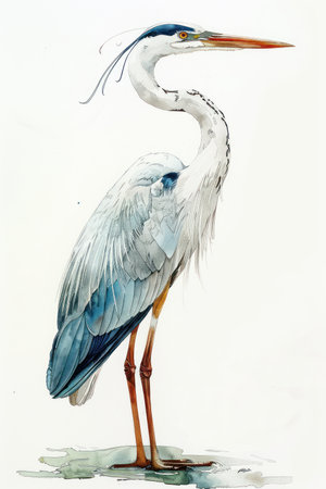 This exquisite watercolor painting captures a majestic heron standing tall against a pristine white background The intricate details and vibrant colors bring the bird to life, making it a stunning piece of art Perfect for nature lovers, art enthusiasts, and home decor, this artwork is sure to impress with its elegance and beauty AI Generativeの素材