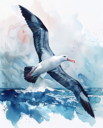 A stunning watercolor illustration of an albatross soaring gracefully above the sea This intricate artwork is perfect for home decor, art lovers, and bird enthusiasts The white background provides a clean and elegant backdrop, ideal for framing and gifting AI Generativeの素材