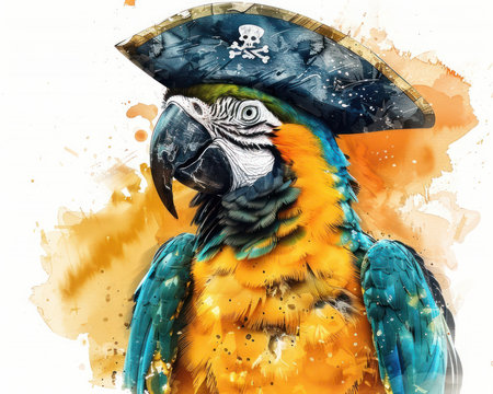A charming watercolor illustration of a cartoon parrot sporting a jaunty pirate hat, set against a crisp white background This vibrant, whimsical design is perfect for kids&#39; room decor, invitations, and creative projects, adding a playful touch of pirate adventure AI Generativeの素材