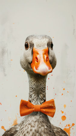 This charming watercolor illustration features a dapper goose sporting a bow tie against a pristine white background Its whimsical charm makes it perfect for adding a touch of elegance and whimsy to any space Ideal for nursery, living room, and office wall art, prints, posters, and home decor AI Generativeの素材