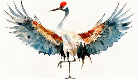 A majestic watercolor crane with outstretched wings takes flight against a pristine white background This elegant and serene art print captures the beauty of nature, making it a perfect addition to any home, office, or art collection  Ideal for nature lovers, art enthusiasts, and anyone seeking a touch of tranquility AI Generativeの素材