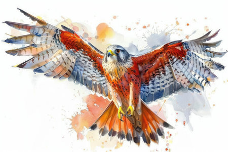 This charming cartoon kestrel, rendered in delicate watercolor style, soars with outstretched wings against a pristine white backdrop Its whimsical charm makes it a delightful addition to any artwork collection, perfect for decorating nurseries, creating greeting cards, or adding a touch of whimsy to your home AI Generativeの素材