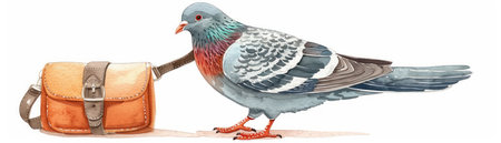 A charming watercolor illustration of a cute cartoon pigeon sporting a messenger bag  Its friendly expression and adorable details make it perfect for stationery, greeting cards, and gift ideas The white background allows for easy customization and adds a touch of elegance to this delightful design AI Generativeの素材