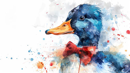 A cheerful watercolor duck with a jaunty bow tie, against a crisp white background This vibrant artwork features detailed brushstrokes and charming personality, making it perfect for adding a touch of whimsy to your home decor An ideal unique gift for animal lovers and art enthusiasts alike AI Generativeの素材