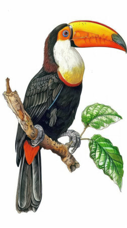This whimsical watercolor toucan boasts a vibrant, colorful beak against a crisp white background Perfect for adding a touch of tropical charm to kids&#39; rooms, nurseries, living rooms, or offices  This nature-inspired art piece brings a cheerful and playful vibe to any space AI Generativeの素材