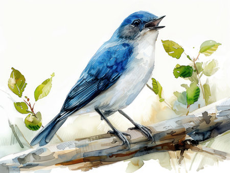 A delicate watercolor painting captures a nightingale in full song, its vibrant plumage against a pristine white background This exquisite art print, perfect for home decor or a thoughtful gift, evokes the beauty of nature with its intricate details and artistic flair The delicate brushstrokes create a whimsical and captivating scene, showcasing the artistry of nature AI Generativeの素材