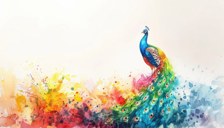 A breathtaking watercolor peacock with a vibrant, multi-colored tail feathers bursts to life against a pristine white background  This detailed artwork captures the majestic beauty of the bird, making it a stunning piece for home or office decor Perfect for adding a touch of elegance and color to any space AI Generativeの素材