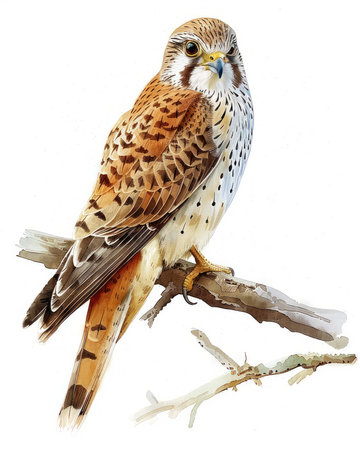 This exquisite watercolor painting captures a graceful kestrel perched on a branch, its vibrant plumage and sharp gaze rendered in stunning detail The white background highlights the bird&#39;s beauty, making it a perfect piece for bird enthusiasts and art lovers Ideal for home decor, this high-quality print adds elegance and a touch of nature to any space AI Generativeの素材