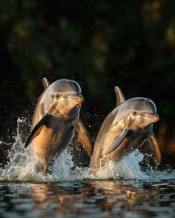Two dolphins soar in perfect unison, their sleek bodies arcing through the air in a breathtaking display of love and joy Captured against the backdrop of a majestic ocean, this captivating image embodies the pure delight and synchronized grace of these intelligent creatures AI Generativeの素材