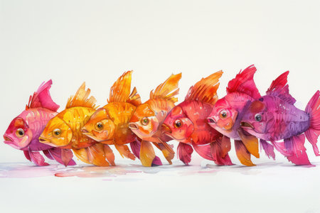 This vibrant watercolor illustration features a cheerful fish surrounded by its school of friends  Painted in bright, playful colors against a white background, this adorable design is perfect for adding a touch of fun to any kid&#39;s room, nursery, or play area  Enjoy this charming and whimsical depiction of underwater life! AI Generativeの素材